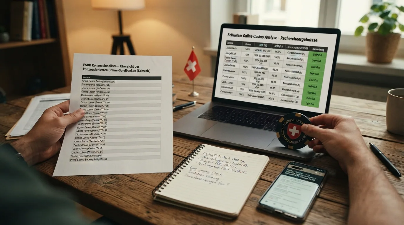 Ein Screenshot-Ausschnitt der ESBK-Konzessionsliste, ein geöffnetes Casino-Bewertungsraster mit mehreren geprüften Kriterien
