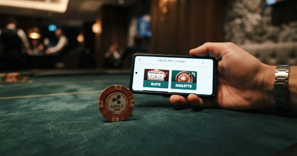 Eine XRP-Münze auf einem Casino-Tisch mit Schweizer Franc-Noten im Hintergrund, daneben ein Smartphone mit geöffneter Casino-Seite