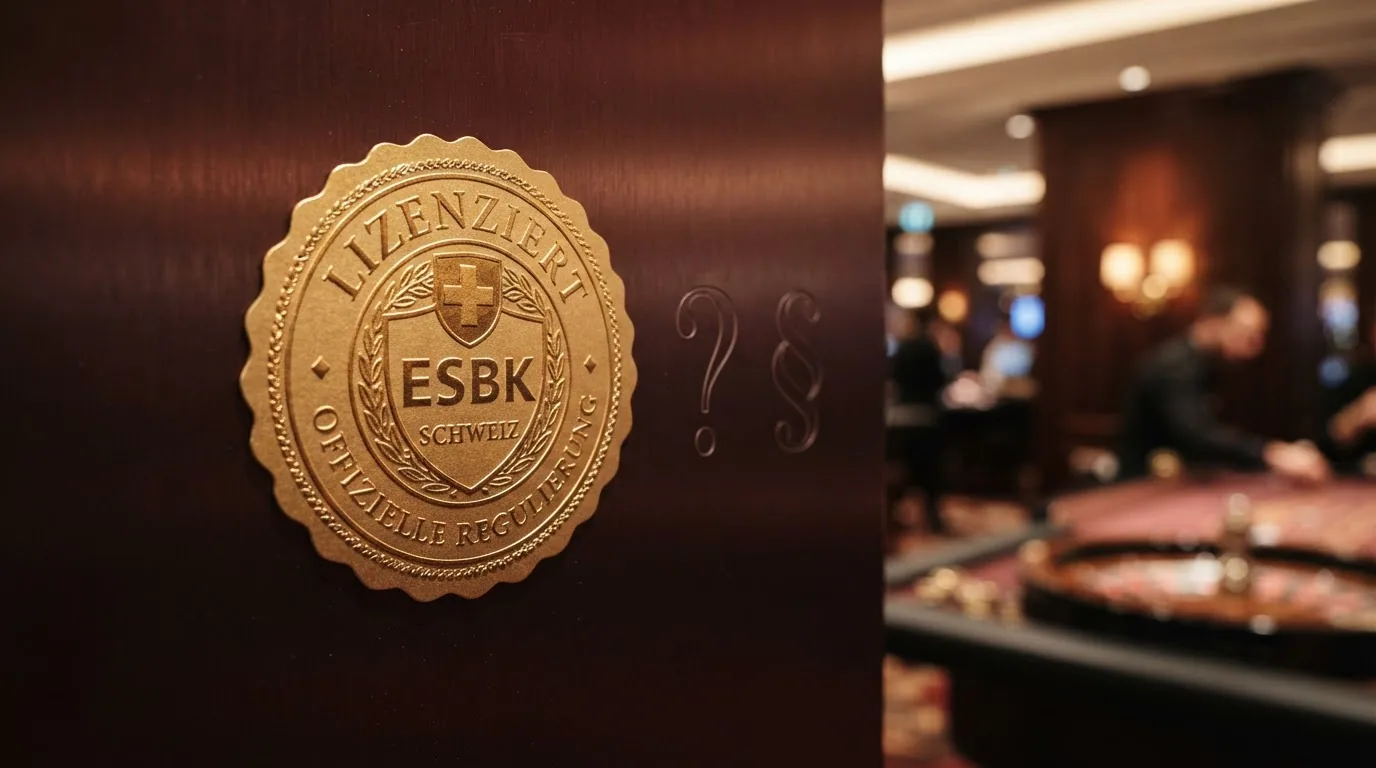Das offizielle ESBK-Logo neben einem Fragezeichen und einem Paragrafen-Symbol auf Schweizer Rot