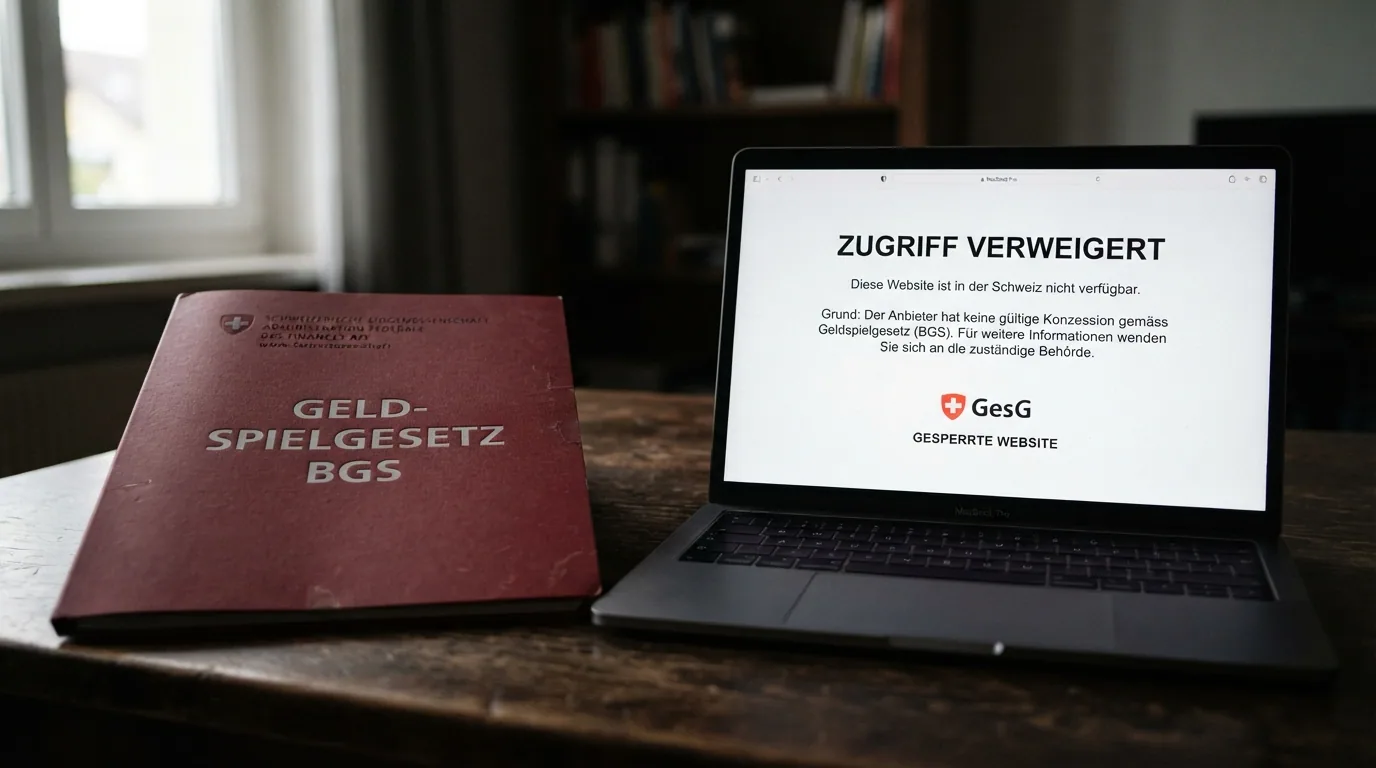 Bundesordner mit Geldspielgesetz neben einem gesperrten Casino-Bildschirm (DNS-Block-Meldung)