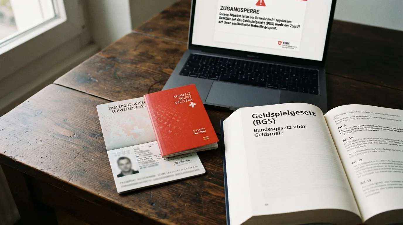 Ein Schweizer Pass liegt neben einer aufgeschlagenen Gesetzessammlung, im Hintergrund ein Bildschirm mit einer Casino-Sperrlisten-Meldung