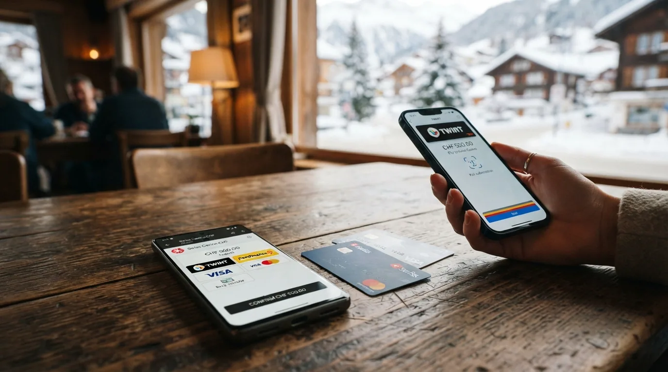 Schweizer Zahlungsmittel — TWINT-App auf Smartphone, PostFinance-Karte und Kreditkarten
