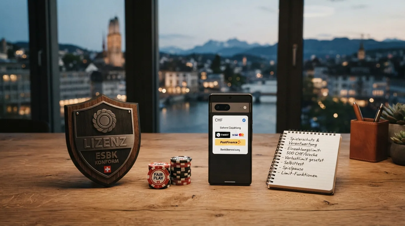 Checkliste mit Symbolen fuer Lizenz, Bonus-Fairness, Zahlungsmethoden und Spielerschutz