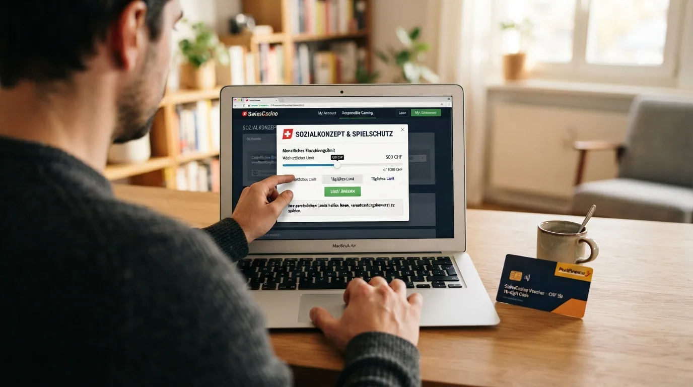 Spielerin am Laptop mit geöffnetem Schweizer Online Casino und sichtbarem Sozialkonzept-Einstellungsfenster