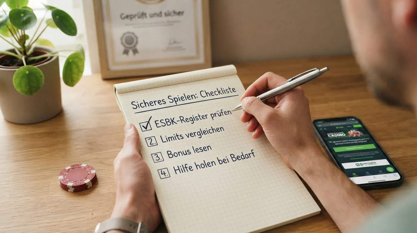 Eine Checkliste mit vier Häkchen-Punkten auf einem Notizblock, daneben ein Smartphone mit einer Casino-Startseite