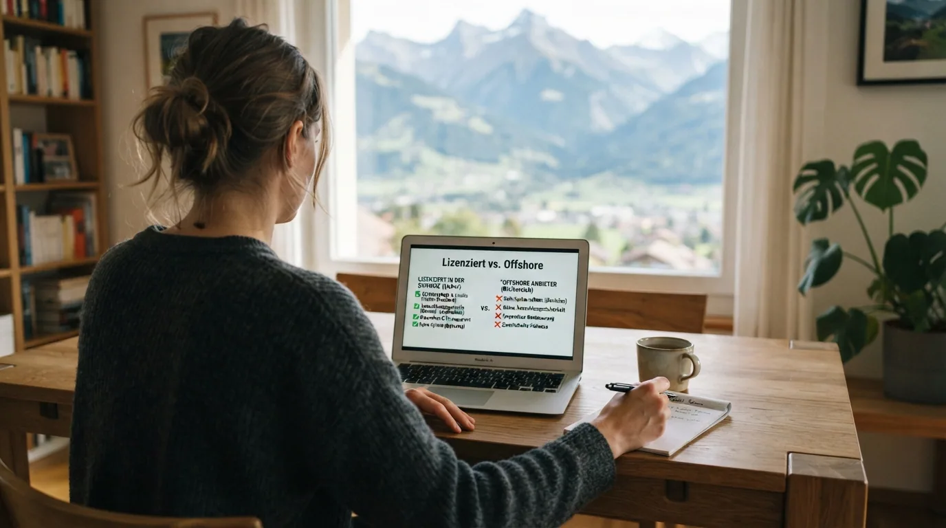 Eine Schweizer Spielerin sitzt nachdenklich vor dem Laptop, auf dem Bildschirm eine Pro-und-Contra-Liste: «Lizenziert» vs. «Offshore»