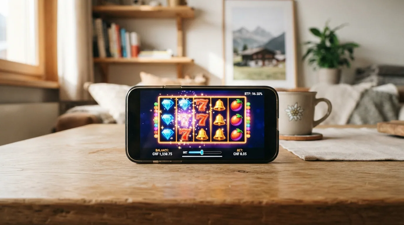 Bildschirm eines Online-Slots mit sichtbarem Einsatzregler auf CHF 0.05 und eingeblendeter RTP-Angabe 96.50 %
