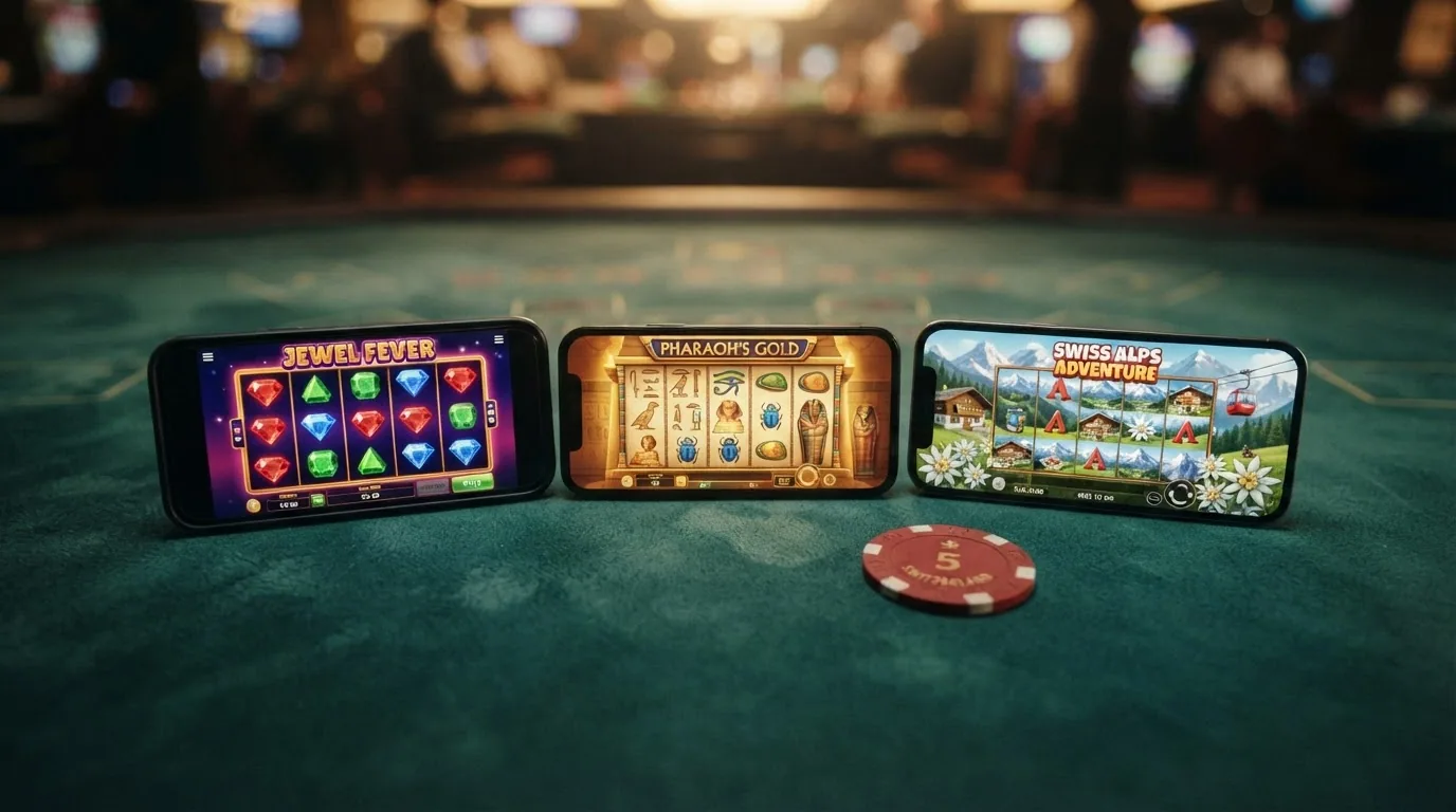 Drei Spielautomaten-Bildschirme nebeneinander — einer mit Starburst-Juwelen, einer mit Book-of-Dead-Ägypter-Motiv, einer mit Alpenpanorama (Wilhelm Tell)