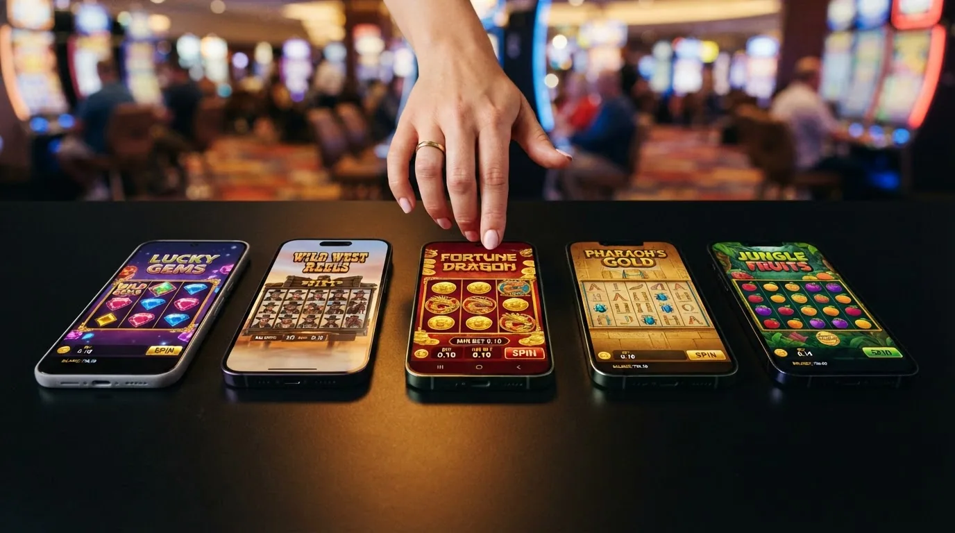 Fünf Slot-Spielfelder in einer Reihe mit Einsatz-Anzeigen zwischen CHF 0.20 und CHF 1.00