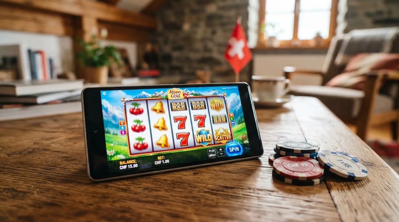 Bunte Spielautomaten-Walzen mit Einsatzbetrag «CHF 0.10» im Display