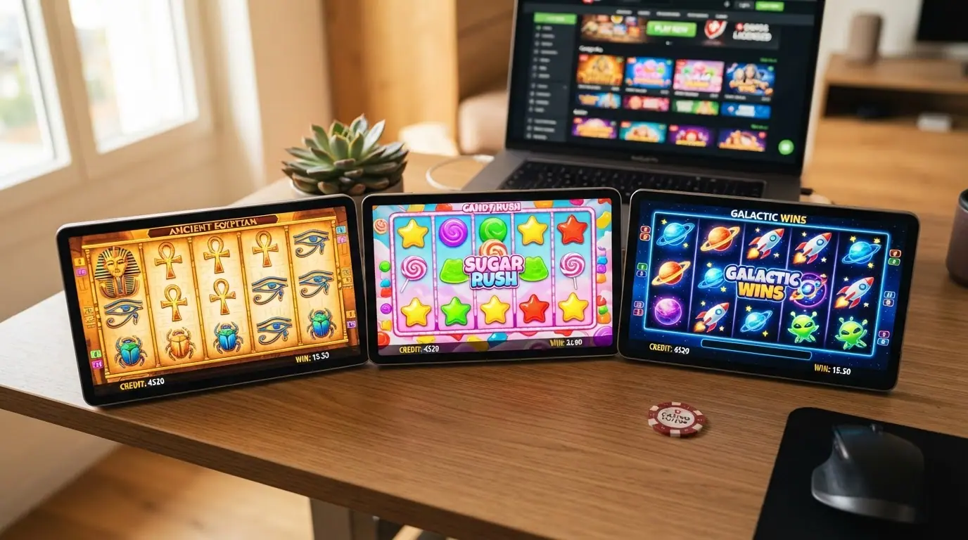 Drei Slot-Walzen mit den Symbolen von Book of Dead, Sweet Bonanza und Starburst, im Hintergrund eine durchgestrichene «Limit»-Anzeige