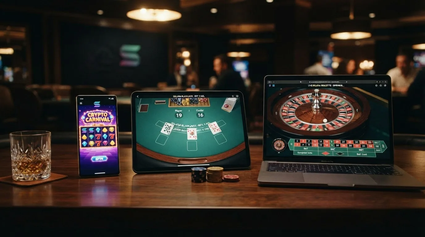 Drei Bildschirme nebeneinander: Slots-Walzen, Blackjack-Tisch mit Karten, Roulette-Kessel — alle mit «SOL»-Symbol in der Ecke
