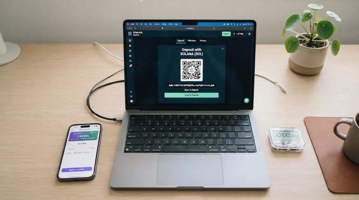 Smartphone mit Phantom-Wallet-App und danebenliegender Casino-Seite, Pfeil von Wallet zu Casino, Stoppuhr bei 400 ms