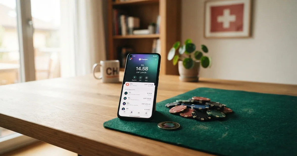 Solana-Logo und Casino-Chips vor einer Schweizer Flagge, Bildschirm mit Wallet-Interface im Hintergrund