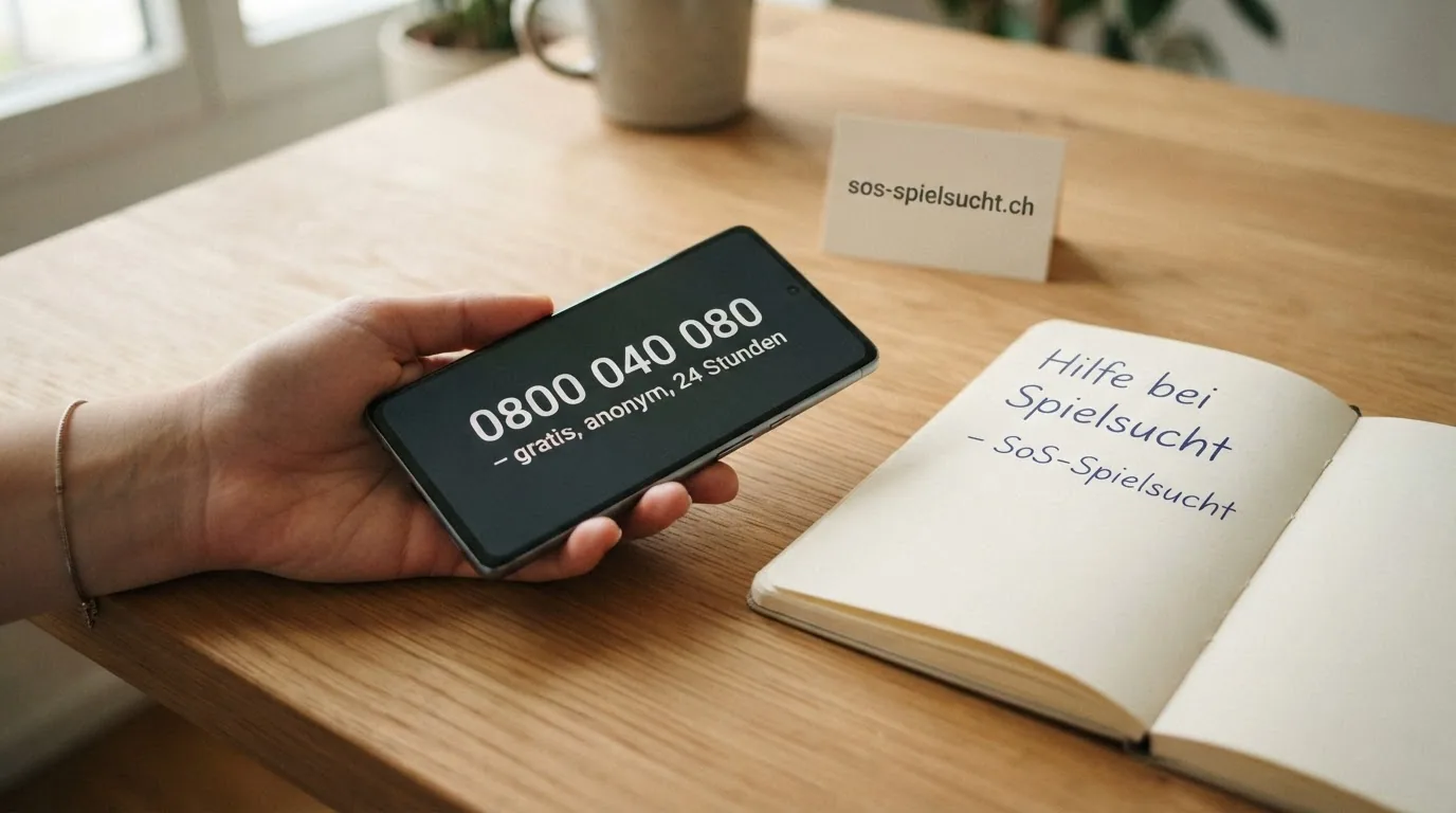Das Logo der SoS-Spielsucht-Helpline mit der Nummer 0800 040 080 und dem Hinweis «gratis, anonym, 24 Stunden»