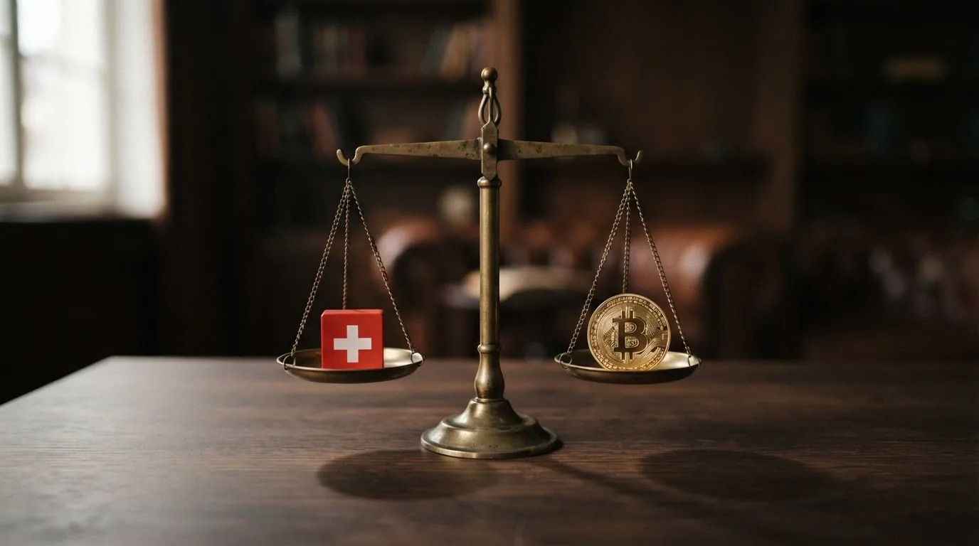Waage mit CHF-Symbol auf der linken Schale (Spielerschutz, Steuerfreiheit) und ETH-Symbol auf der rechten (Krypto-Komfort, offshore-Risiko)