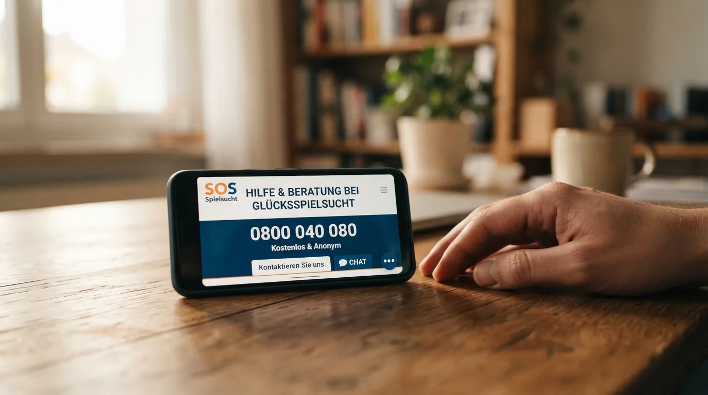 Ein Smartphone mit geöffneter SOS-Spielsucht-Website und der Nummer 0800 040 080 im Display