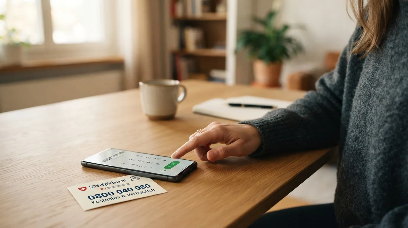 Ein Telefon-Hörer neben der Nummer 0800 040 080 und dem SOS-Spielsucht-Logo auf Schweizer Hintergrund
