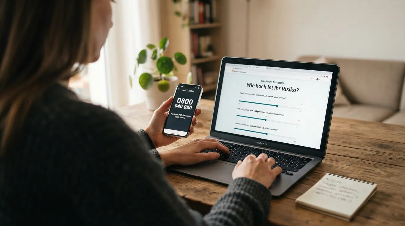 Laptop mit geöffneter Webseite zum Thema Spielsucht-Prävention, daneben ein Smartphone mit der Notrufnummer 0800 040 080