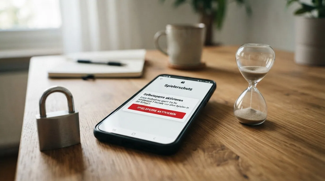 Ein Handy-Display mit einer Schaltfläche «Spielsperre aktivieren», daneben eine Uhr mit drei Monaten als grafische Zeitspanne und ein Vorhängeschloss-Symbol