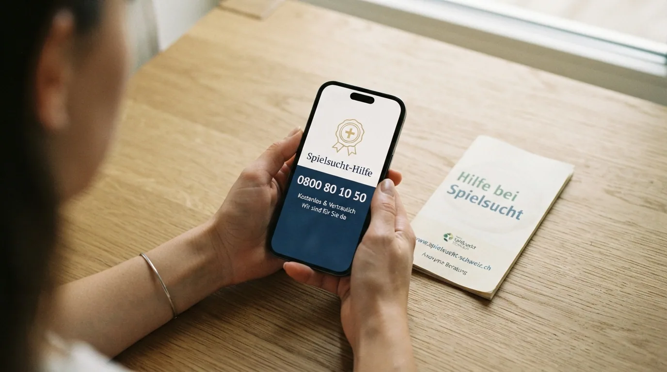 Eine helfende Hand, die ein Smartphone mit der SOS-Spielsucht-Helpline-Nummer hält, daneben das Careplay-Logo
