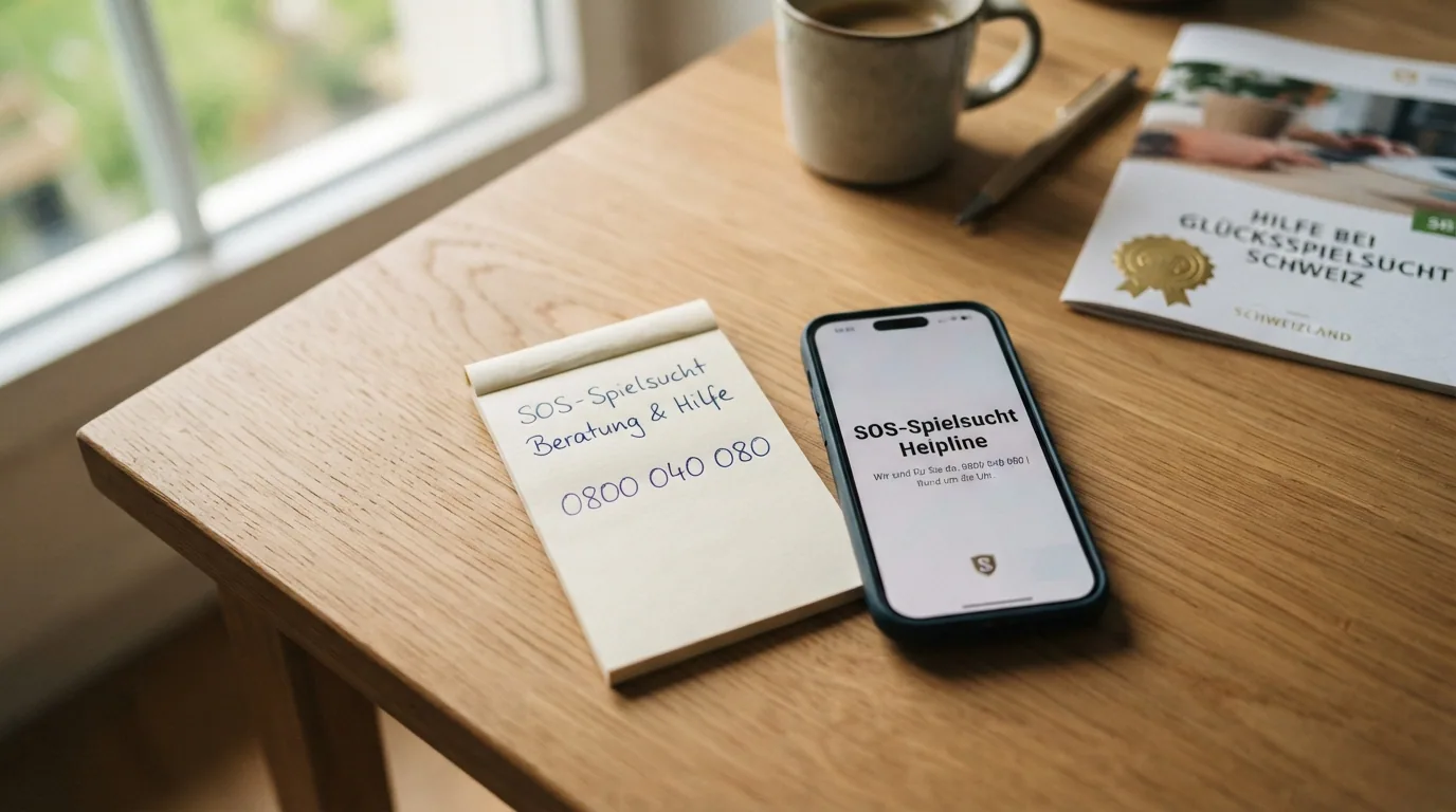 Ein Telefonhörer und ein Notizblock mit der handschriftlichen Nummer 0800 040 080, daneben das SOS-Spielsucht-Logo.