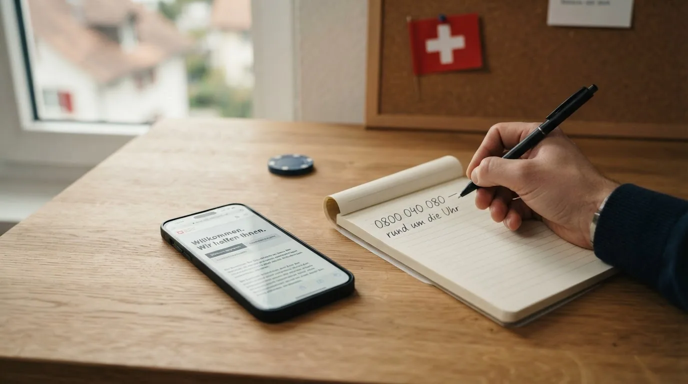 Ruhige Darstellung eines Telefons neben einer Notiz mit der Helpline-Nummer 0800 040 080 und dem SOS-Spielsucht-Logo