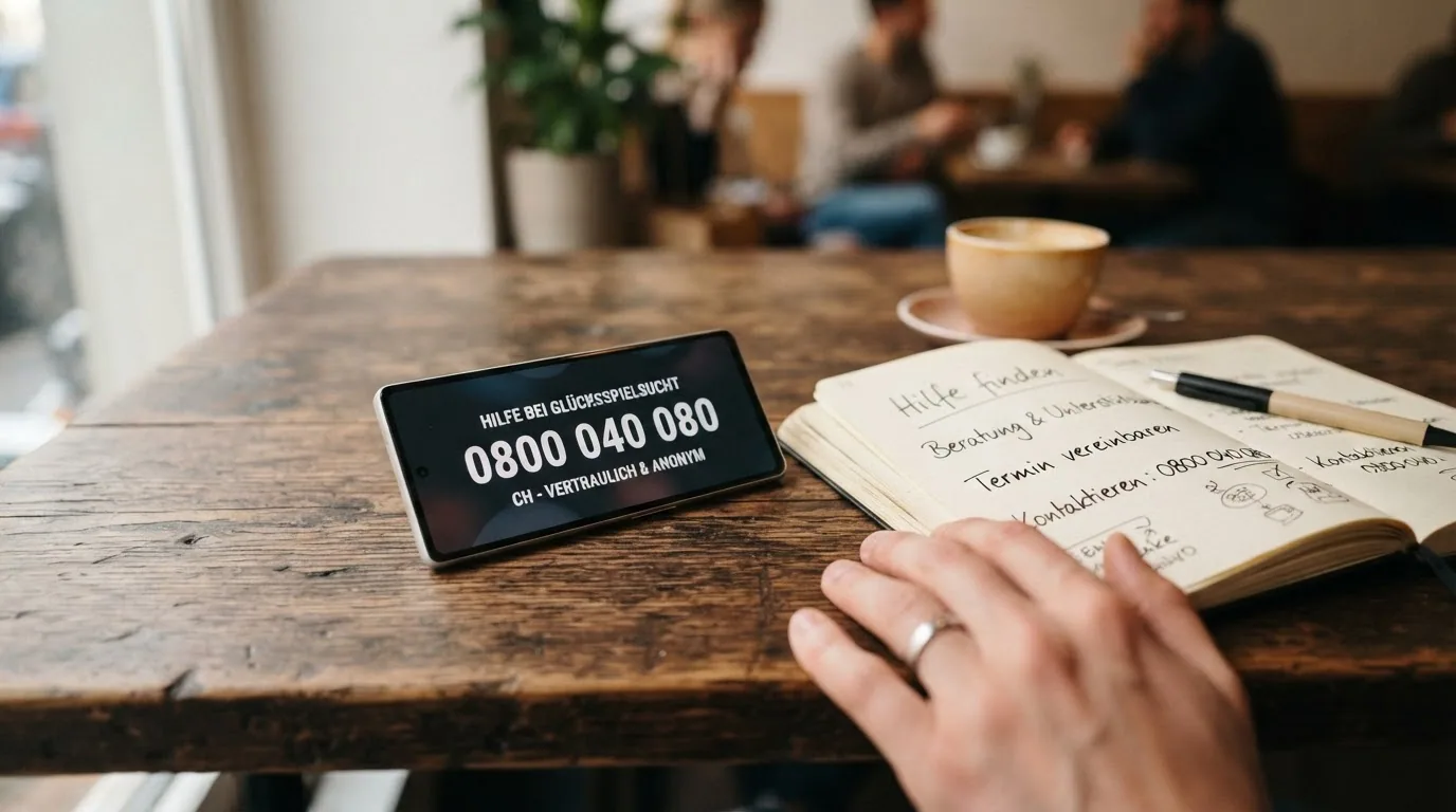 Ein Telefonhörer und eine Notiz mit der Nummer 0800 040 080, daneben ein aufgeschlagenes Heft mit Hilfsadressen