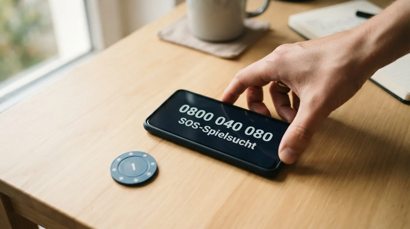 Ein Telefon-Hörer mit der Nummer 0800 040 080, daneben das Logo von SOS-Spielsucht und eine helfende Hand