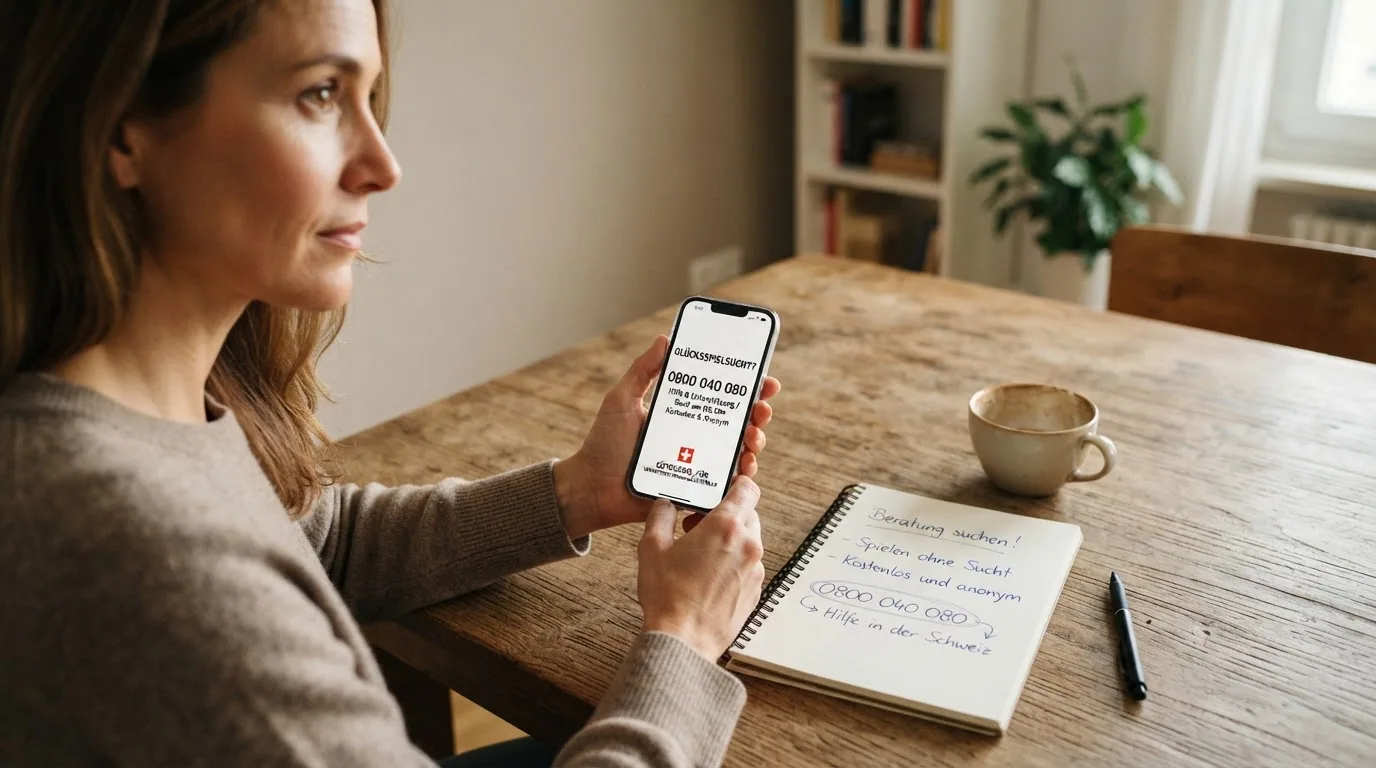 Plakat mit der Helpline-Nummer 0800 040 080 und dem Schriftzug «Spielen ohne Sucht – kostenlos und anonym»