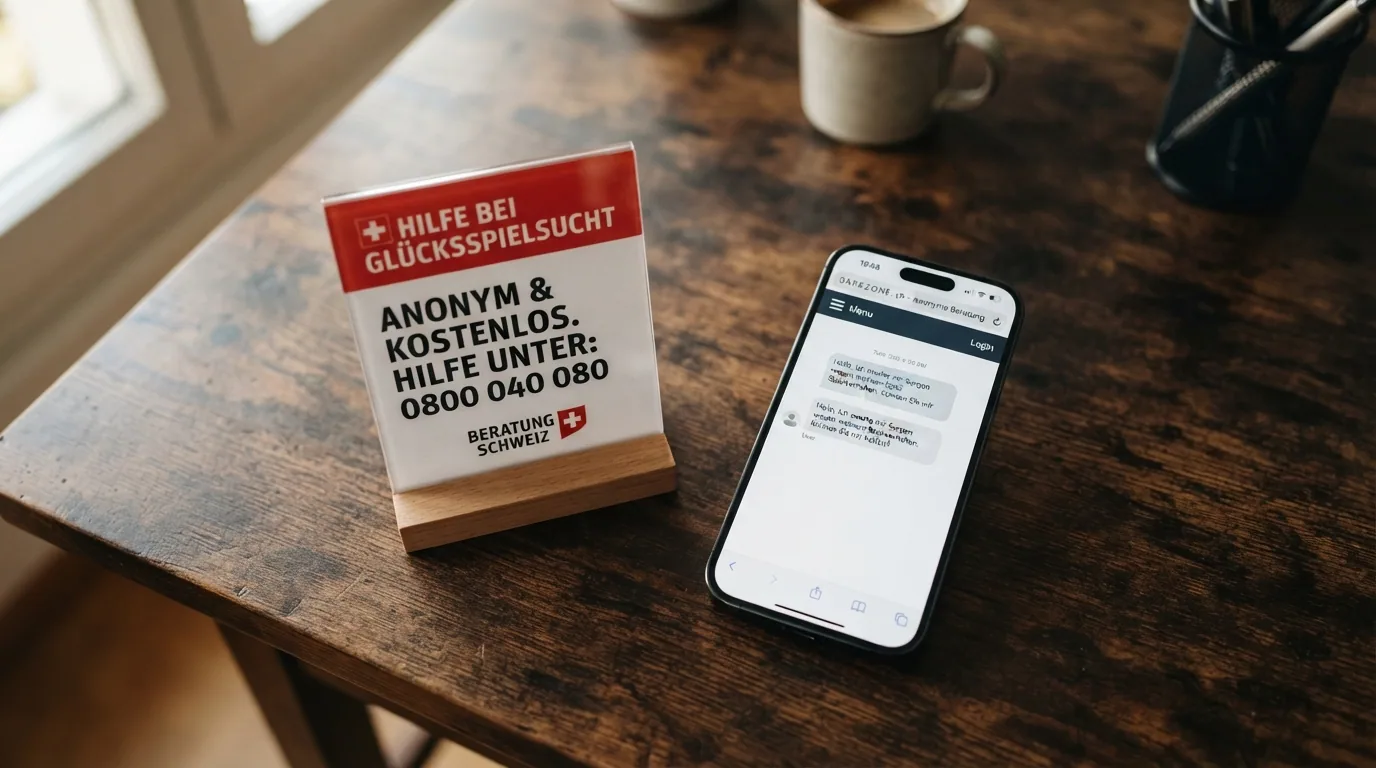 Ein Hinweis-Schild mit der Helpline-Nummer 0800 040 080 und dem SoS-Spielsucht-Logo, daneben ein «Win Back Control»-Bildschirm