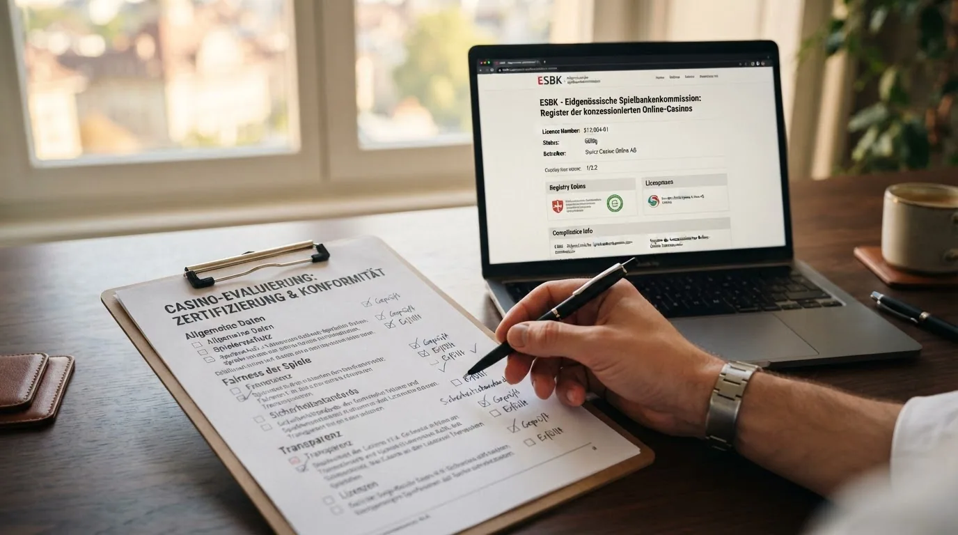 Eine Checkliste mit den fünf Bewertungskriterien auf einem Klemmbrett neben einem Bildschirm mit der ESBK-Konzessionsliste