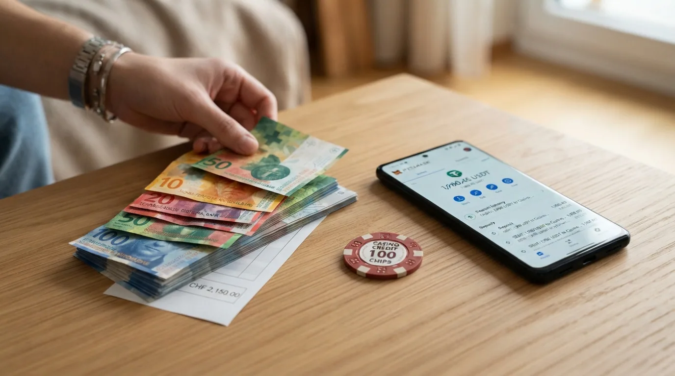 Eine Gegenüberstellung: CHF-Banknoten auf der einen, USDT-Token auf einem Blockchain-Explorer auf der anderen Seite