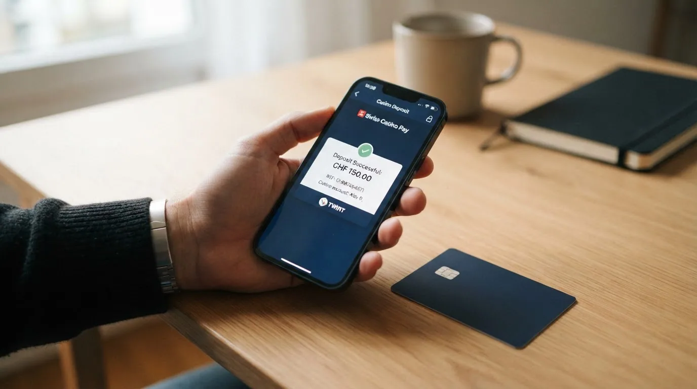 Ein Smartphone mit geöffneter TWINT-App und einer Casino-Einzahlungsbestätigung in CHF, daneben eine Bankkarte