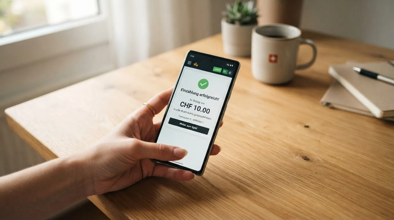 Smartphone mit geöffneter TWINT-App neben einer Casino-Einzahlungsbestätigung über CHF 10