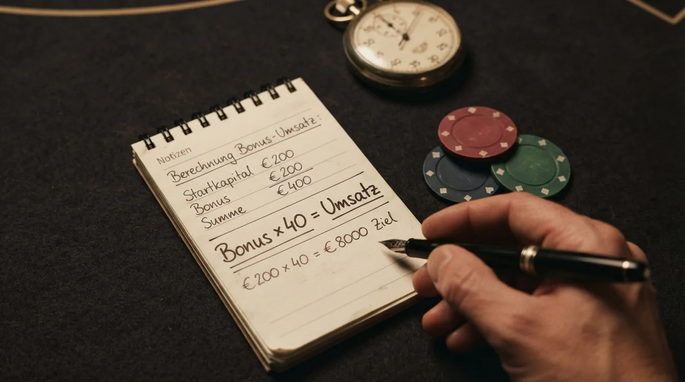 Ein Taschenrechner neben einem Stapel Casino-Chips und einer Uhr — die Formel aus Bonus, Umsatzanforderung und Zeit