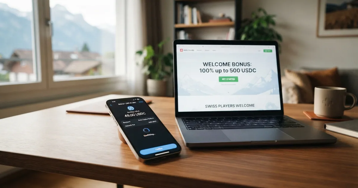 Eine Nahaufnahme eines Smartphones mit einer Krypto-Wallet-App, die eine USDC-Transaktion anzeigt, daneben ein Casino-Willkommensbonus-Banner auf einem Laptop-Bildschirm