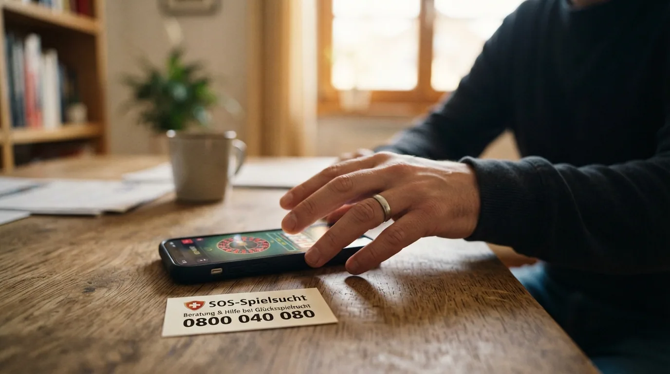 Eine stilisierte Darstellung: Eine helfende Hand mit dem Schriftzug «0800 040 080» im Vordergrund, dahinter ein schwach beleuchteter Bildschirm mit Casino-Oberfläche