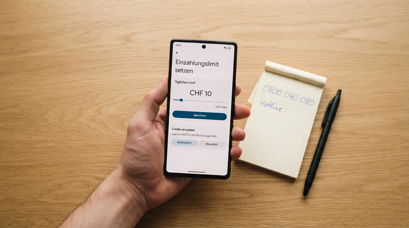 Eine Hand die ein Smartphone mit geöffneter Einzahlungslimit-Einstellung hält, daneben die Helpline-Nummer 0800 040 080 auf einem Notizzettel
