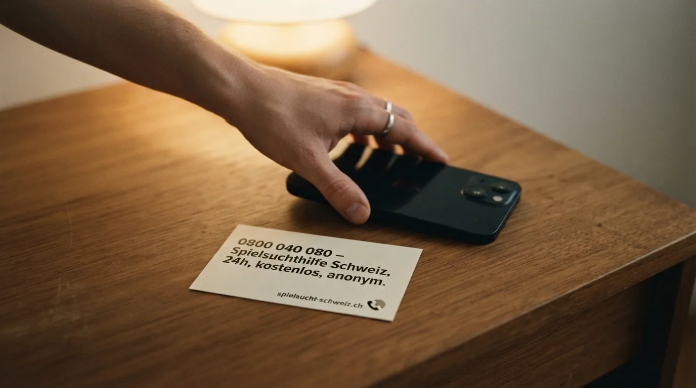 Eine Person legt das Smartphone beiseite, im Vordergrund eine Karte mit der Aufschrift «0800 040 080 – Spielsuchthilfe Schweiz, 24h, kostenlos, anonym»