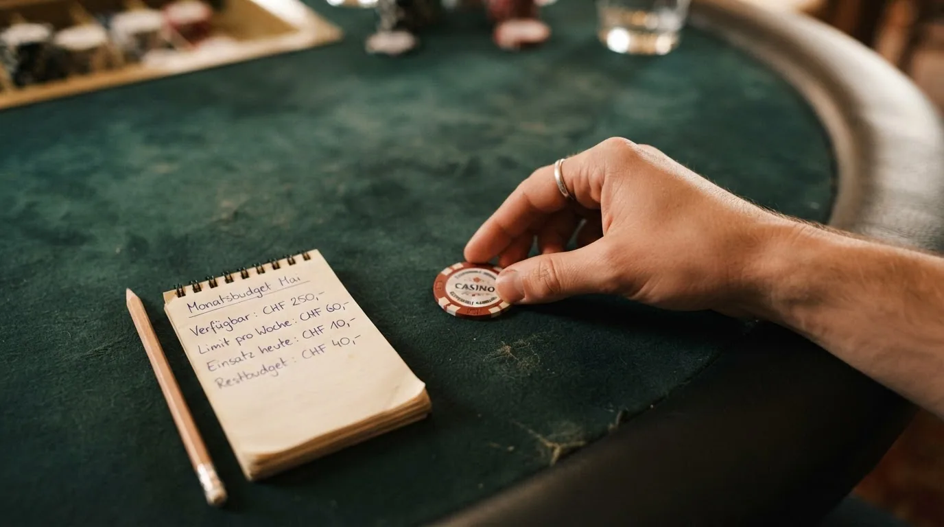 Eine Hand legt eine Spielkarte verdeckt auf einen Tisch, daneben ein Zettel mit handschriftlichem Monatsbudget