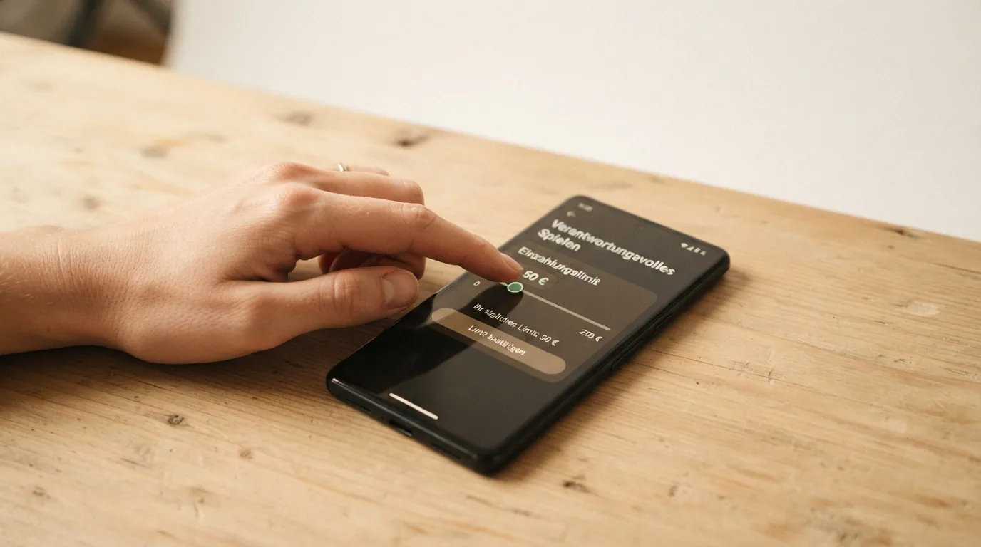 Eine ruhige Hand, die einen Einzahlungslimit-Regler auf einem Smartphone nach unten schiebt