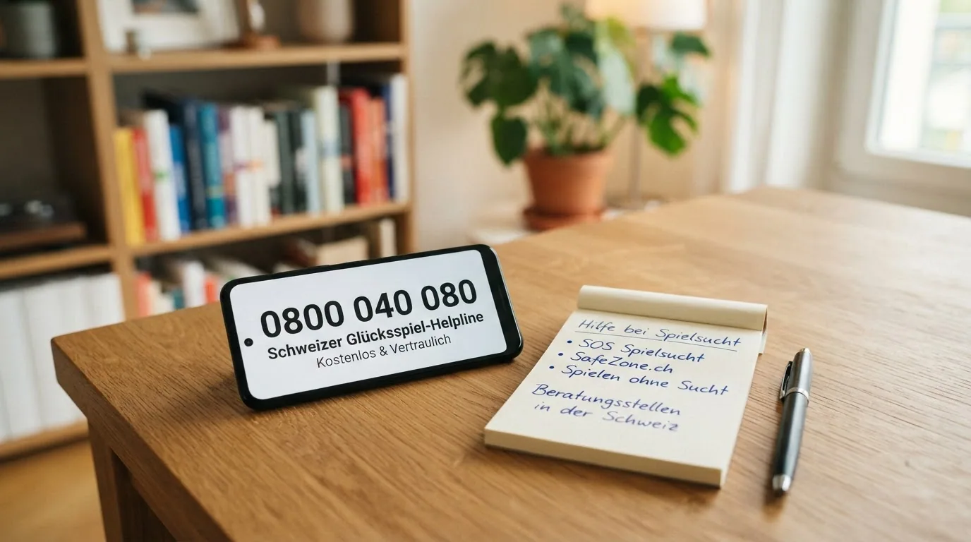 Infografik mit Helpline-Nummer 0800 040 080, daneben Symbole für Beratung, Selbsttest und Spielsperre