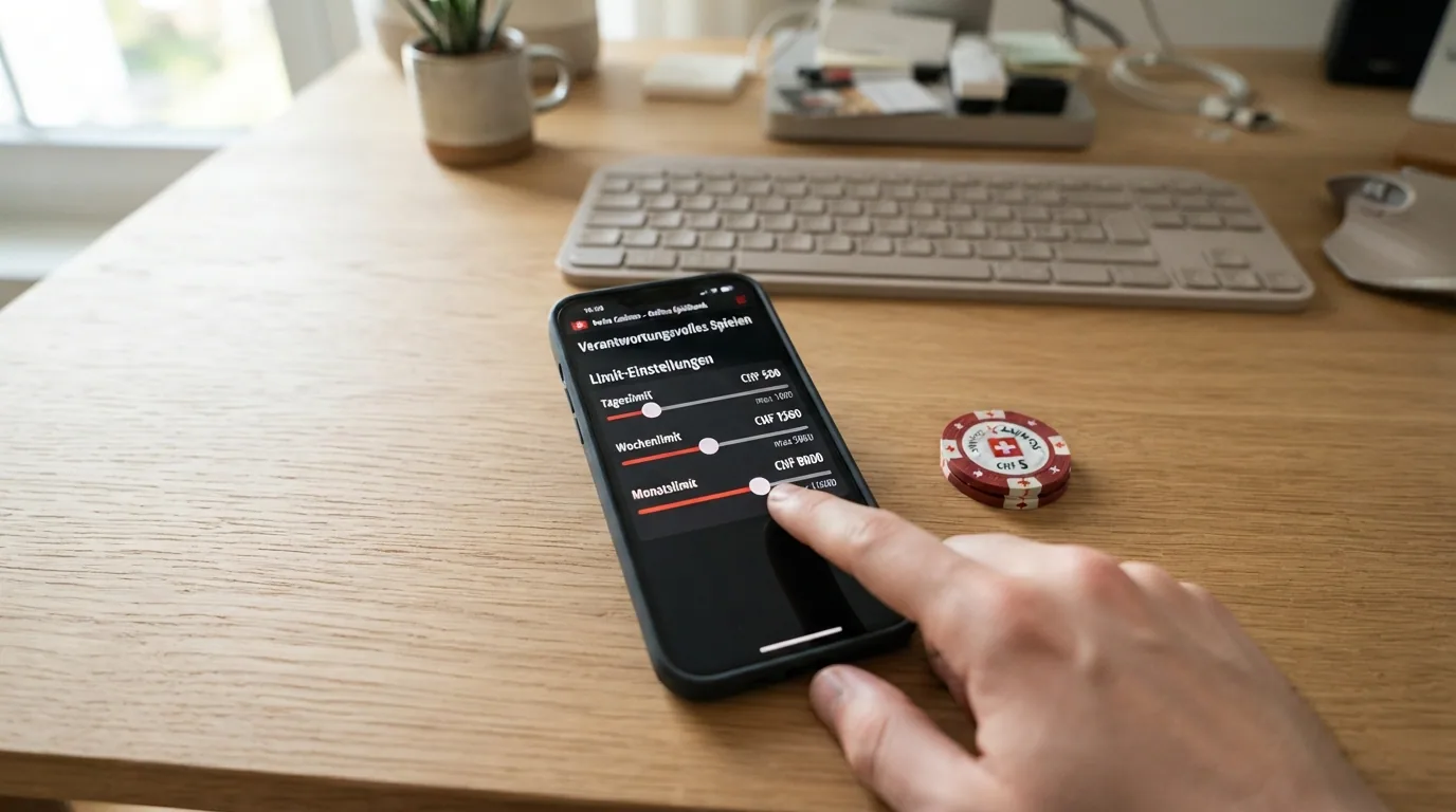 Die Benutzeroberfläche einer Limit-Einstellungsseite eines Schweizer Online-Casinos mit sichtbaren Feldern für Tages-, Wochen- und Monatslimits