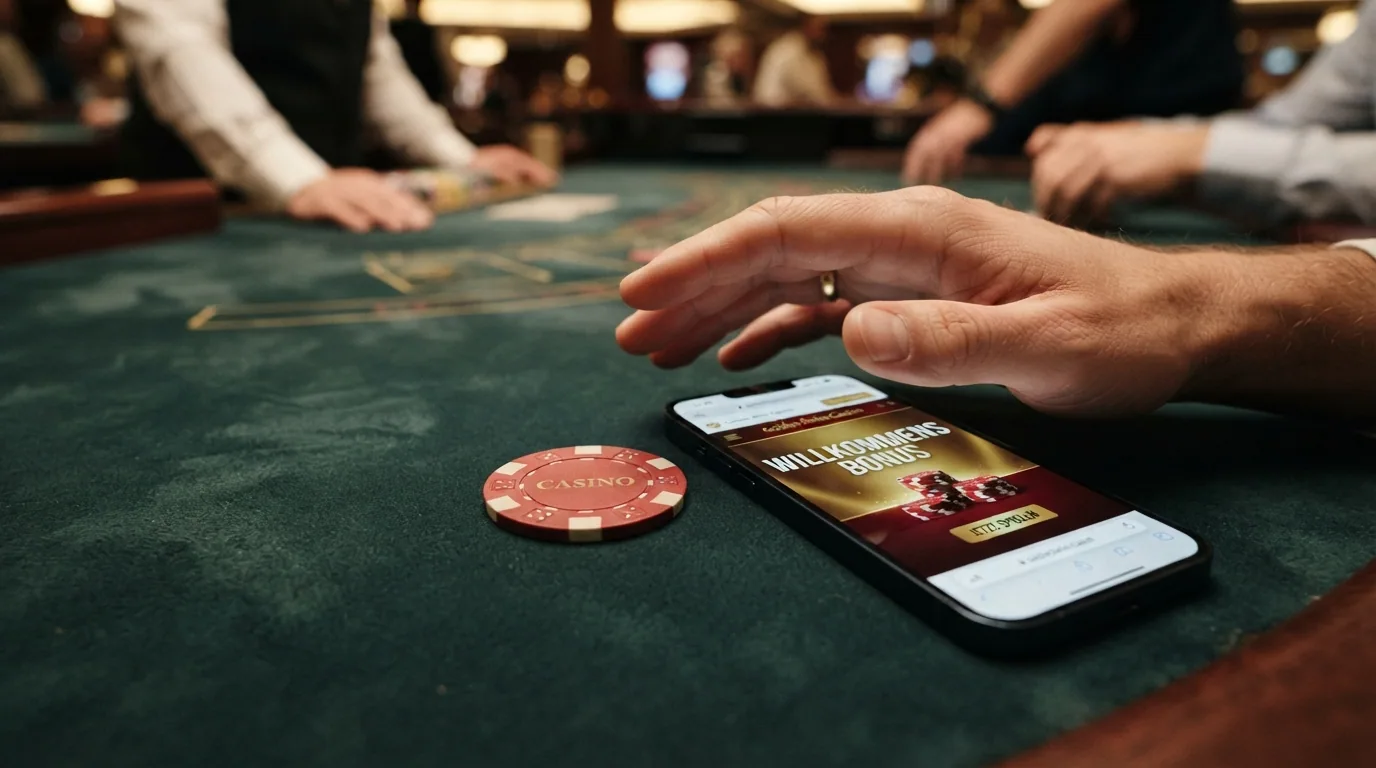 Ein geöffnetes Willkommenspaket mit Spielchips, Freispiel-Symbolen und einem Bonus-Schriftzug, daneben eine Schweizer Franken-Münze