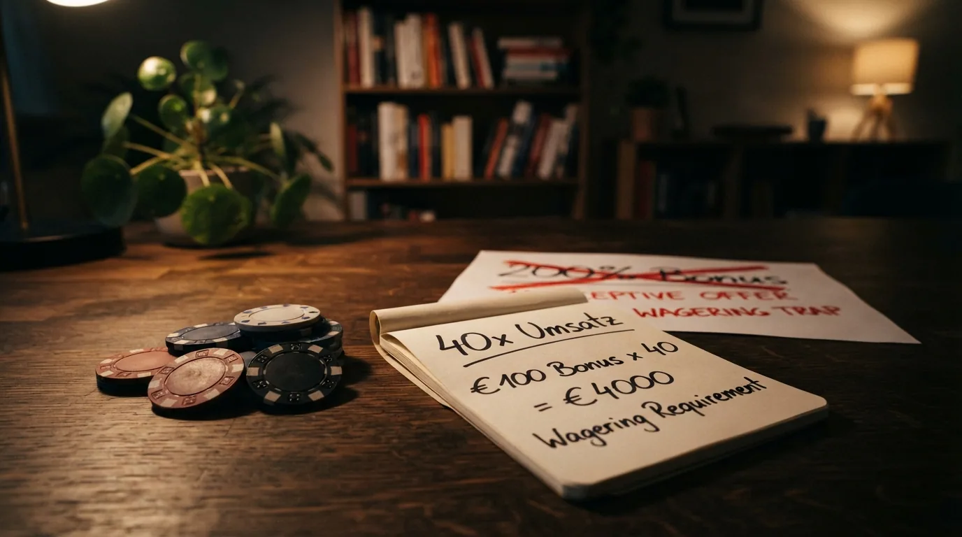 Ein Stapel Casino-Chips neben einem Taschenrechner, auf dessen Display «40x» steht — die Bonus-Summe im Hintergrund durchgestrichen