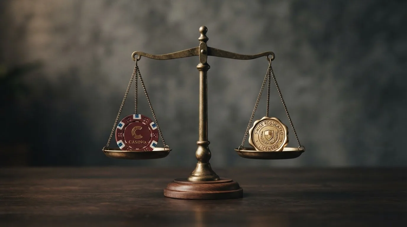 Eine Waage: auf der linken Schale eine XRP-Münze, auf der rechten ein Schweizer Wappen — die Waage neigt sich leicht nach rechts