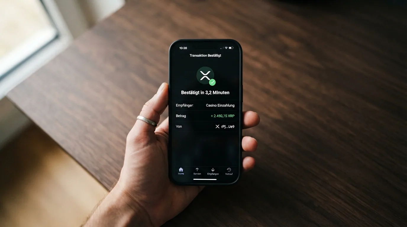 Eine Wallet-App auf dem Smartphone zeigt eine XRP-Transaktion mit dem Status «Bestätigt in 3,2 Minuten» an