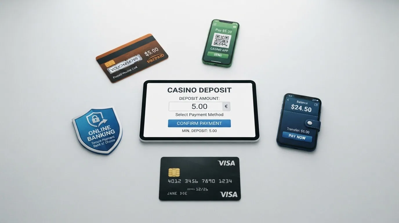 Die Logos von Paysafecard, TWINT, Skrill, PayPal und Mastercard, gruppiert um ein Casino-Einzahlungsformular mit dem Betrag «5.00»