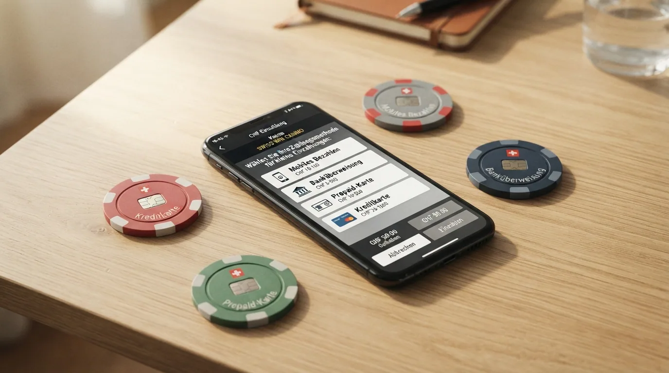 Vier Zahlungssymbole — TWINT, PostFinance, Paysafecard und Kreditkarte — angeordnet um ein Smartphone mit Casino-Kasse